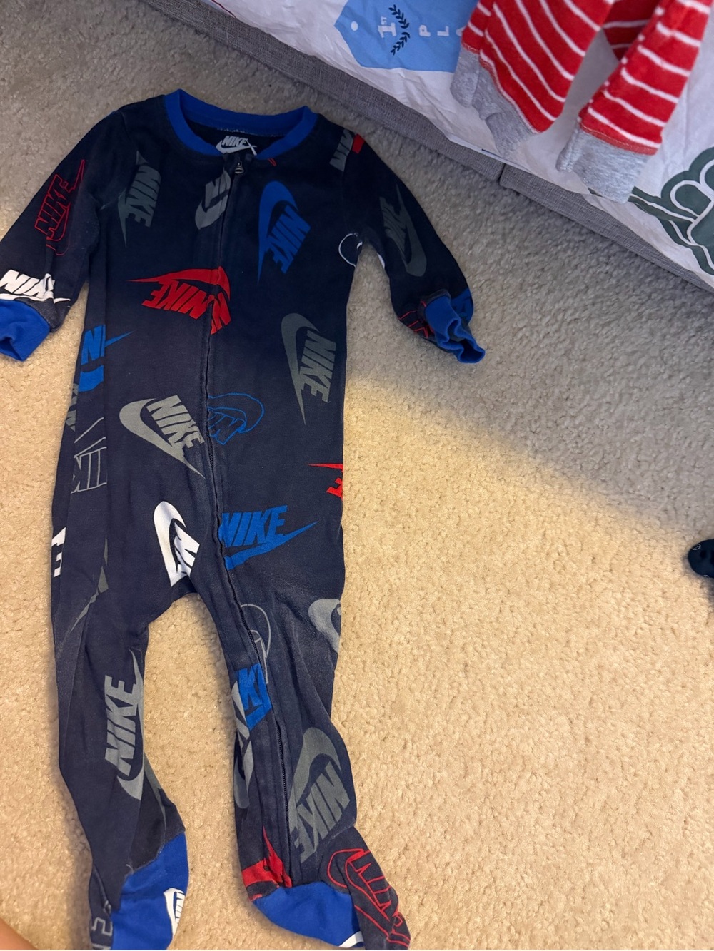 Nike Navy Logo-Print Kids Footed Pajamas with Blue and Red Accents